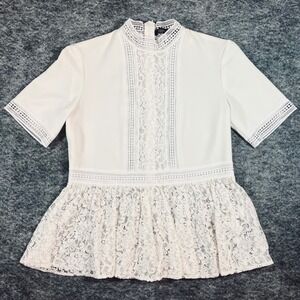 Zara Woman Lace Peplum Blouse Women XS Ivory Mock Neck Coquette Feminine Dressy